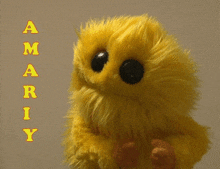 a yellow stuffed animal with the name amariy written on the bottom