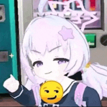 a girl with white hair and purple eyes is holding a yellow smiley face .