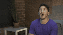 a man in a purple shirt is sitting in front of a plant