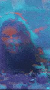 a blue and red abstract painting with a blurred image