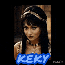 a picture of a woman with the word keky written in blue