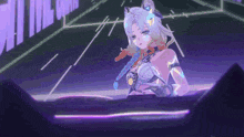 a girl with a cat ear is standing in a dark room with a purple background