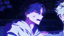 a boy with blue hair is talking to another boy in a dark room