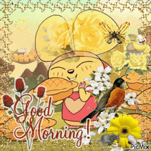a picture of a mouse holding a piece of bread and the words good morning