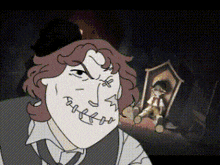 a cartoon of a man with a stitched face is standing in a dark room .