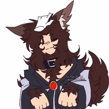 a drawing of a werewolf with a collar and a red circle on his chest