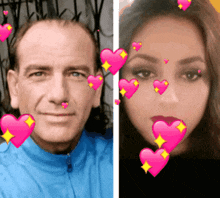 a man and a woman are shown with pink hearts on their faces