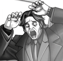 a black and white drawing of a man in a suit and tie with his mouth open