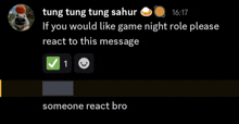 a message from tung tung tung sahur asking if you would like game night role