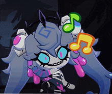 a cartoon drawing of a girl with blue eyes and music notes on her head