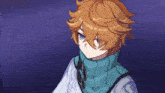 a cartoon character with orange hair and blue eyes is wearing a blue scarf around his neck