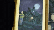 a painting of a boy running in front of a house at night
