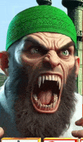 a man with a beard and a green hat is screaming with his mouth wide open