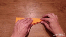 a person is making a paper airplane with the words made in animotica behind them