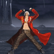 a man in a red coat and brown pants is dancing