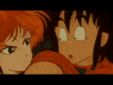 a boy and a girl looking at each other with their eyes wide open