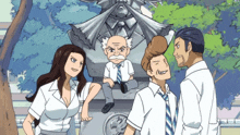 a group of people are standing around a statue of a man with a mustache