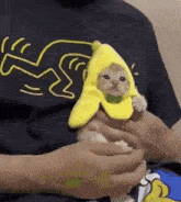 a person is holding a cat wearing a banana hat .