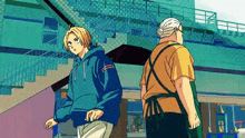 two anime characters are standing next to each other in front of stairs .