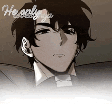 a close up of a man 's face with the words he only loves nya written above him