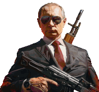 a man in a suit and tie is holding a gun and wearing sunglasses