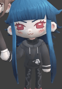 a cartoon character with blue hair and red eyes is wearing a black hoodie