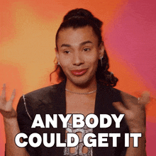 a man says " anybody could get it " in front of a pink background