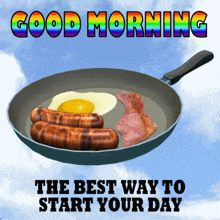 a frying pan with eggs sausages and bacon with the words good morning the best way to start your day