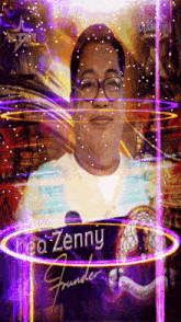 a man with glasses is surrounded by purple lights and says leo zenny founder