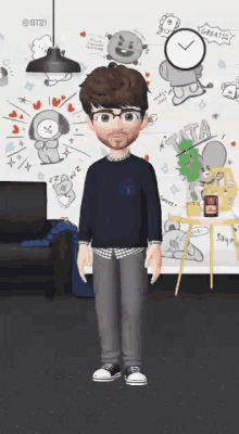 a cartoon character is standing in front of a wall that says tata