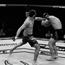 two men are fighting in a boxing ring with the word ufc on the fence