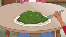 a person is holding a fork over a plate of food on a table
