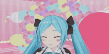 a cartoon girl with blue hair and a bow on her head