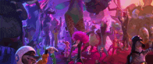a group of cartoon animals are dancing at a party in a forest .