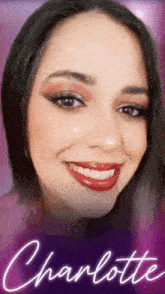 a close up of a woman 's face with the name charlotte above her
