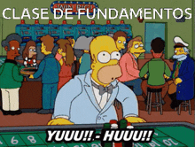 a cartoon of homer simpson playing roulette with the words clase de fundamentos