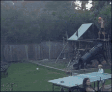 a group of people are sitting on the edge of a swimming pool with a 4gifs.com watermark