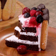 a slice of chocolate cake with berries on top