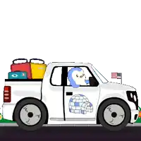 a cartoon drawing of a white truck with a penguin in the back