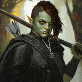 a painting of a woman with green hair holding a sword