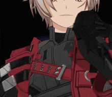 a close up of a person wearing a red and black outfit with a belt that has the number 1 on it