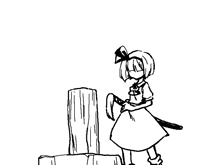a black and white drawing of a girl with short hair and a bow on her head