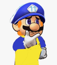 a cartoon character wearing a blue hat with the number 11 on it .