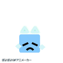 a blue square with a sad face and a triangle on its head