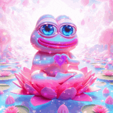 a frog sitting on a pink lotus flower holding a heart