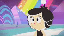 a cartoon girl with a flower in her hair is standing in front of a rainbow
