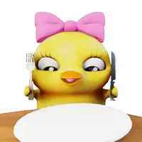 a yellow chicken with a pink bow on its head holds a fork and knife