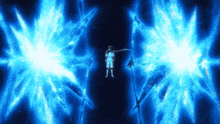 a person is standing in the middle of a blue light