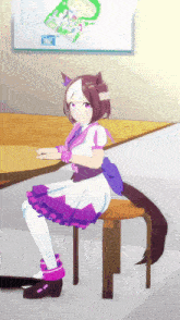 a girl in a purple dress is sitting on a stool