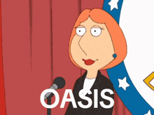 a cartoon character stands in front of a microphone and the word oasis is on the bottom right
